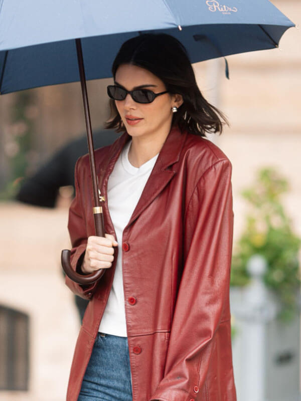 Kendall Jenner Paris 2025 Maroon Leather Blazer