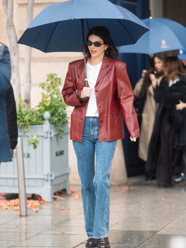 Kendall Jenner Paris 2025 Maroon Leather Blazer