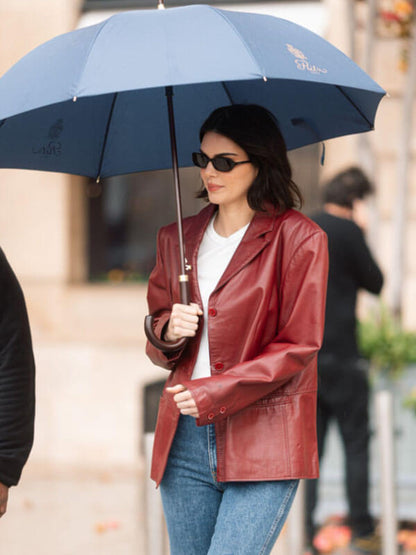 Kendall Jenner Paris 2025 Maroon Leather Blazer