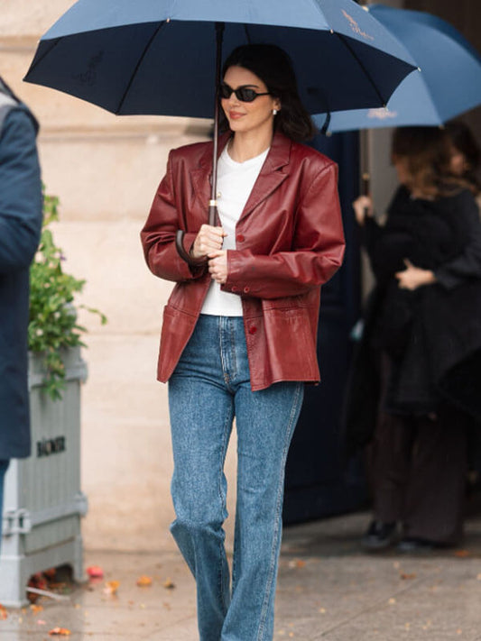 Kendall Jenner Paris 2025 Maroon Leather Blazer