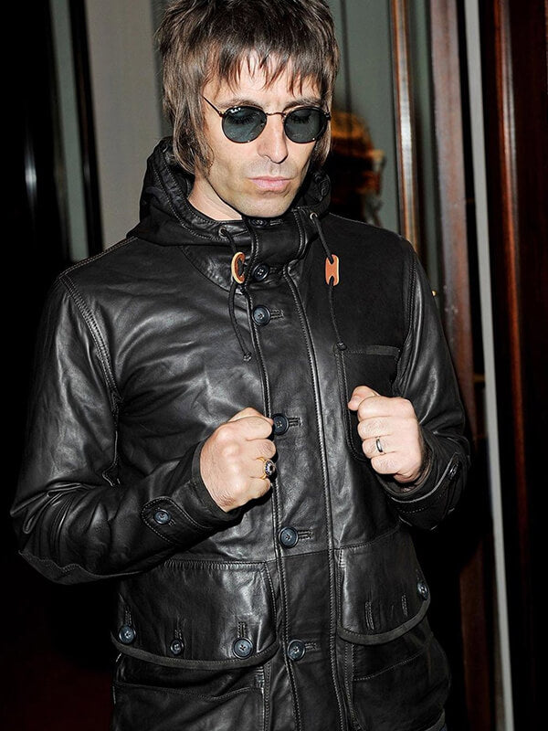 Liam Gallagher Black Leather Hooded Jacket