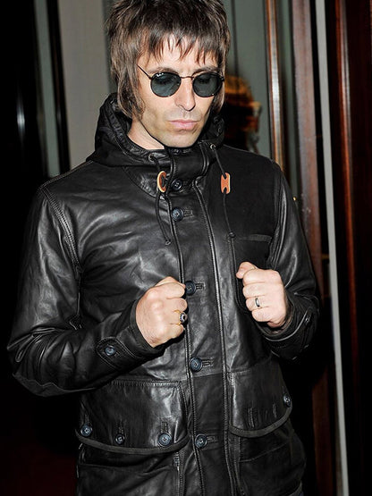 Liam Gallagher Black Leather Hooded Jacket