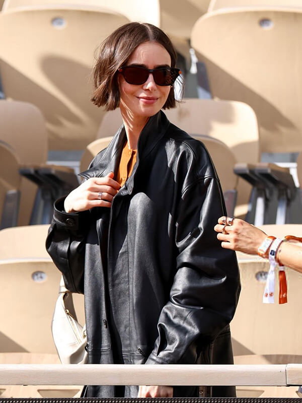 Lily Collins French Open 2026 Black Leather Jacket