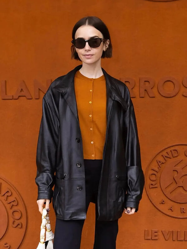Lily Collins French Open 2026 Black Leather Jacket