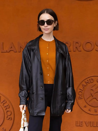 Lily Collins French Open 2026 Black Leather Jacket