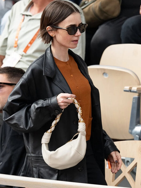 Lily Collins French Open 2026 Black Leather Jacket