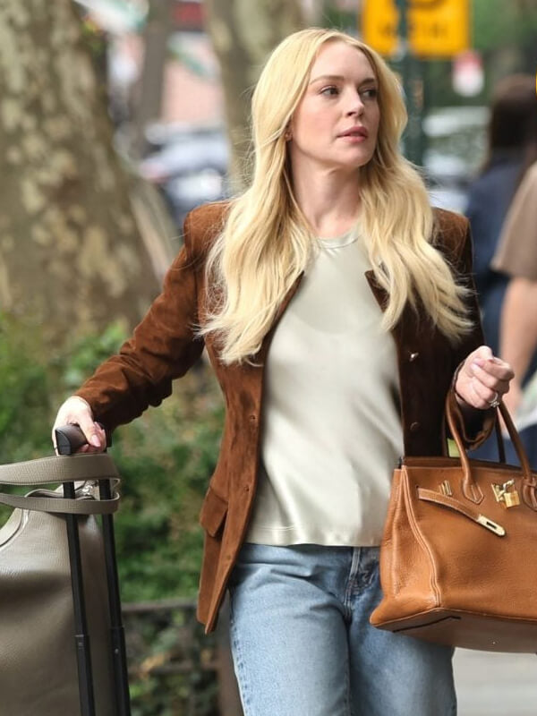 Lindsay Lohan Count My Lies 2026 Brown Suede Jacket