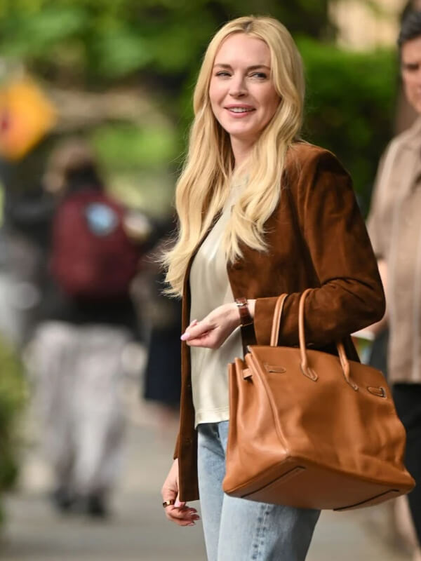 Lindsay Lohan Count My Lies 2026 Brown Suede Jacket