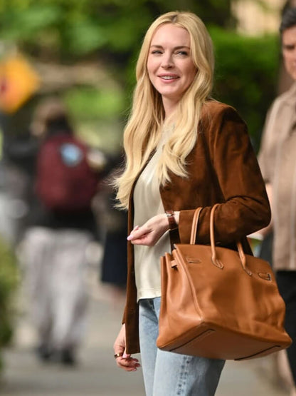 Lindsay Lohan Count My Lies 2026 Brown Suede Jacket