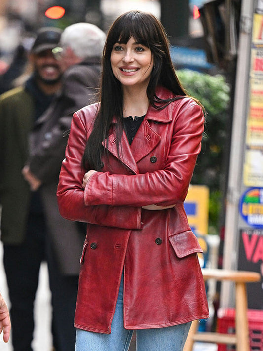 Madame Web 2024 Dakota Johnson Red Leather Coat