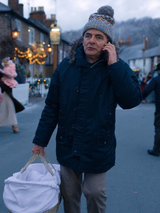 Man vs Baby 2025 Rowan Atkinson Blue Parka Jacket