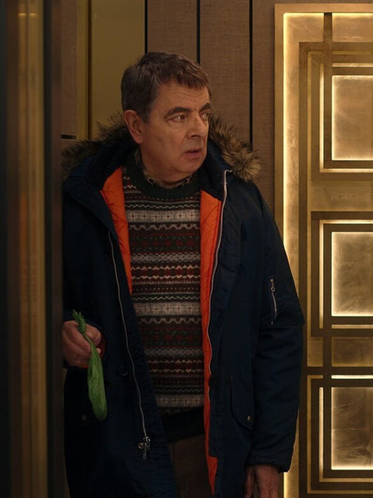Man vs Baby 2025 Rowan Atkinson Blue Parka Jacket