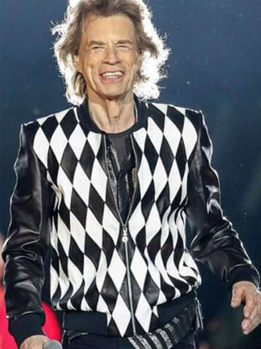 Mick Jagger Bomber Black & White Leather Jacket