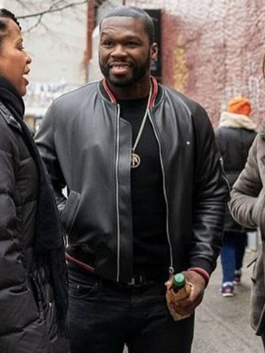 Power 50 Cent Black Leather Bomber Jacket