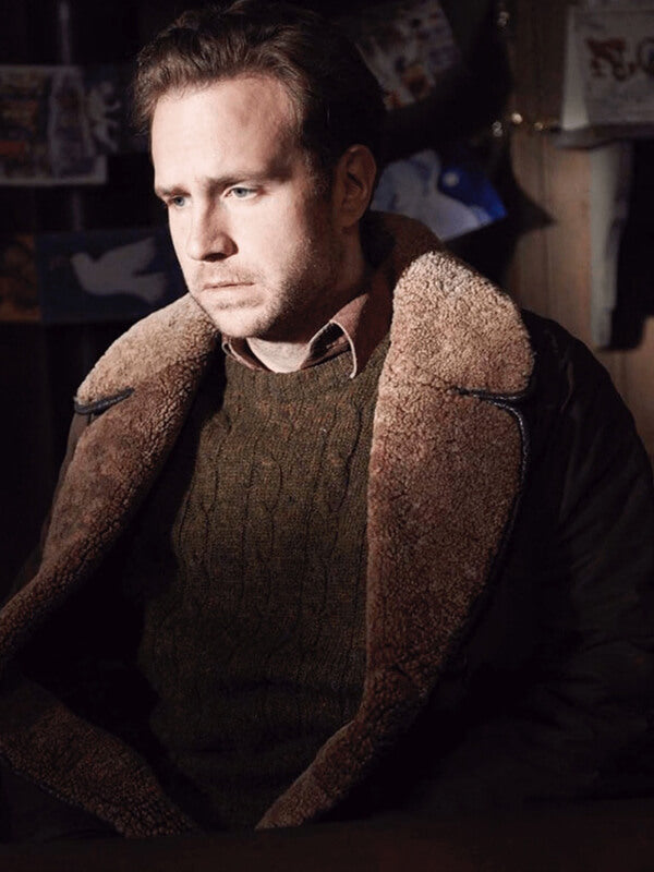 Rafe Spall Black Mirror S04 Brown Leather Shearling Coat