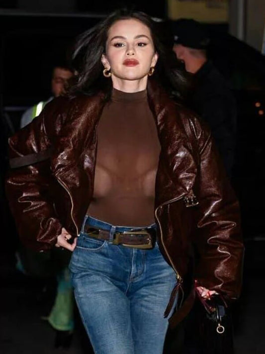 Selena Gomez Brown Bomber Leather Jacket