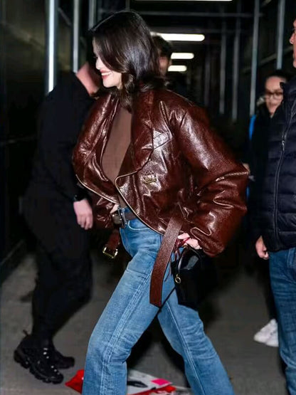 Selena Gomez Brown Bomber Leather Jacket