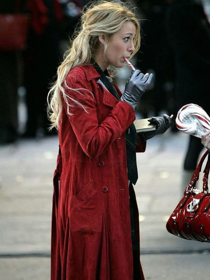 Serena van der Woodsen Gossip Girl Red Suede Coat