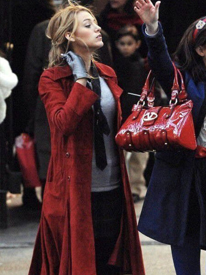 Serena van der Woodsen Gossip Girl Red Suede Coat