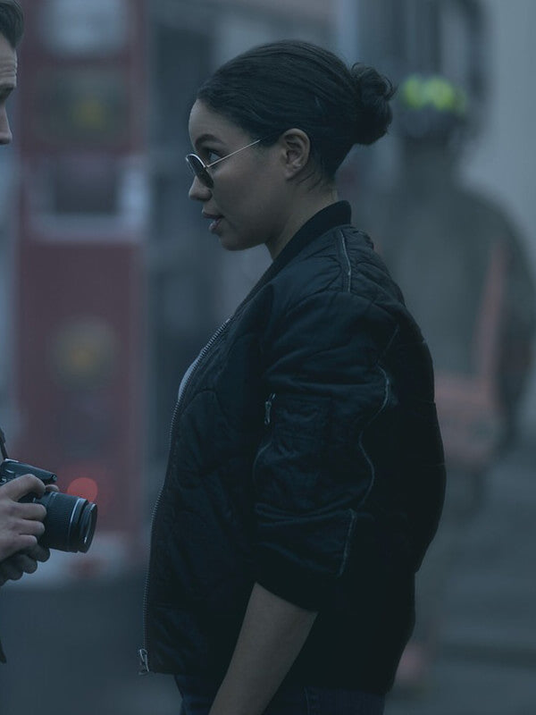 Smoke 2025 Jurnee Smollett Black Bomber Jacket