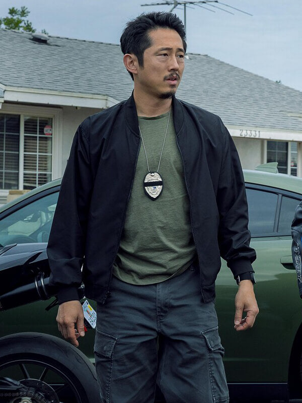 Steven Yeun The Rip 2026 Black Bomber Jacket