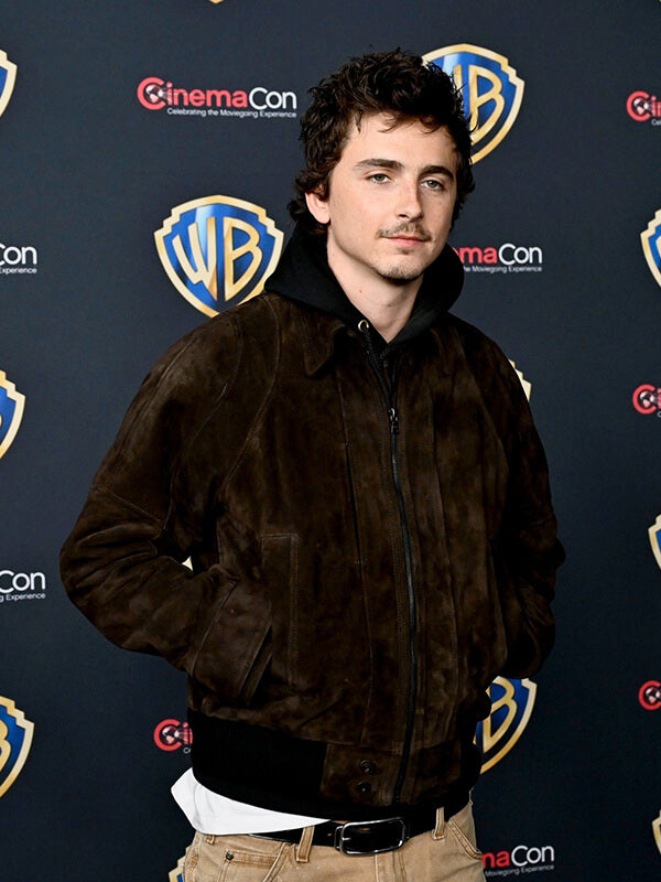 Timothée Chalamet CinemaCon 2026 Brown Suede Jacket