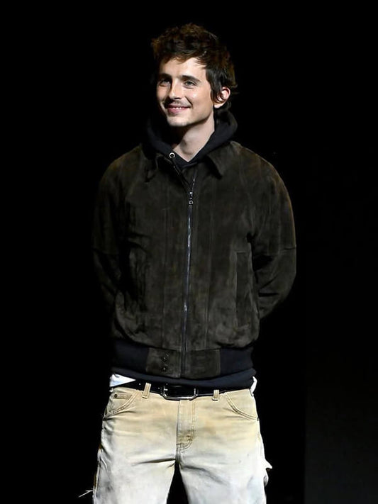 Timothée Chalamet CinemaCon 2026 Brown Suede Jacket