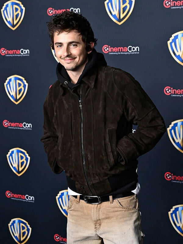 Timothée Chalamet CinemaCon 2026 Brown Suede Jacket