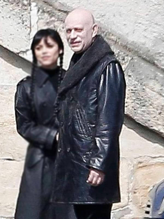 Uncle Fester Wednesday S03 Black Shearling Coat