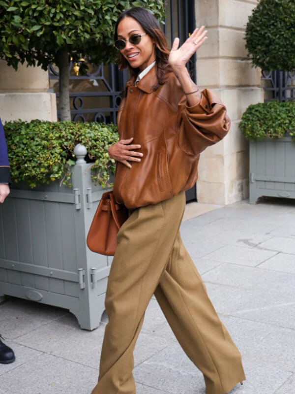 Zoe Saldana Brown Leather Jacket