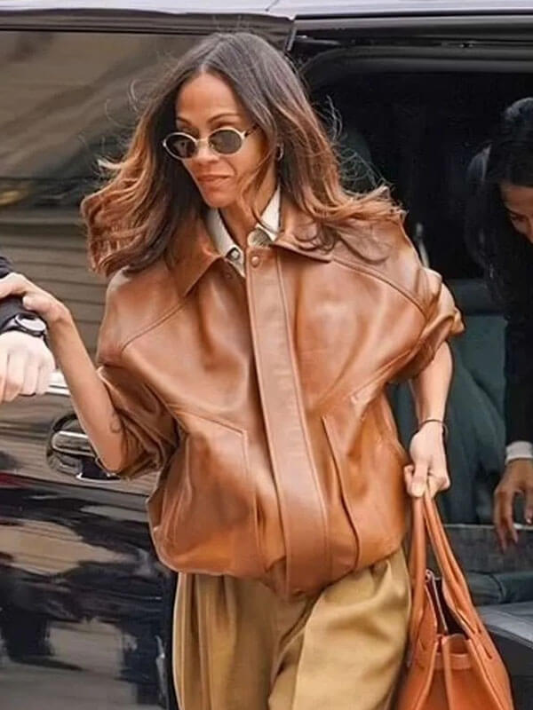 Zoe Saldana Brown Leather Jacket