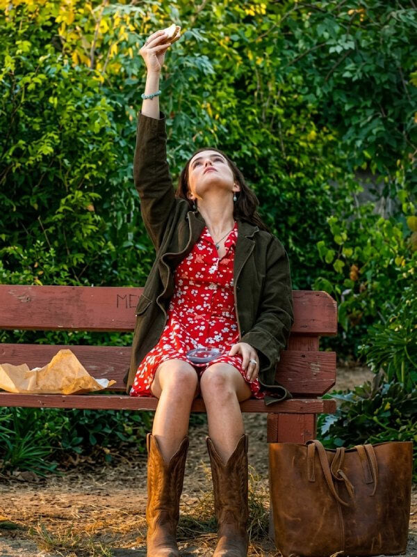 Zoey Deutch Voicemails For Isabelle 2026 Brown Suede Coat